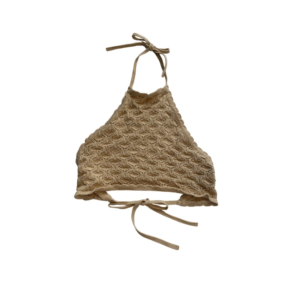 Forever 21 Tan Crochet Halter Top Boho Knit Open Weave Crop Top Beige Summer